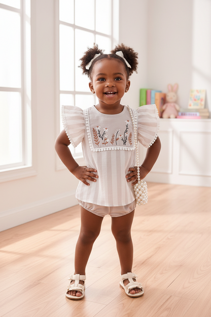 Children's Floral Embroidered Striped Top and Bottom Set