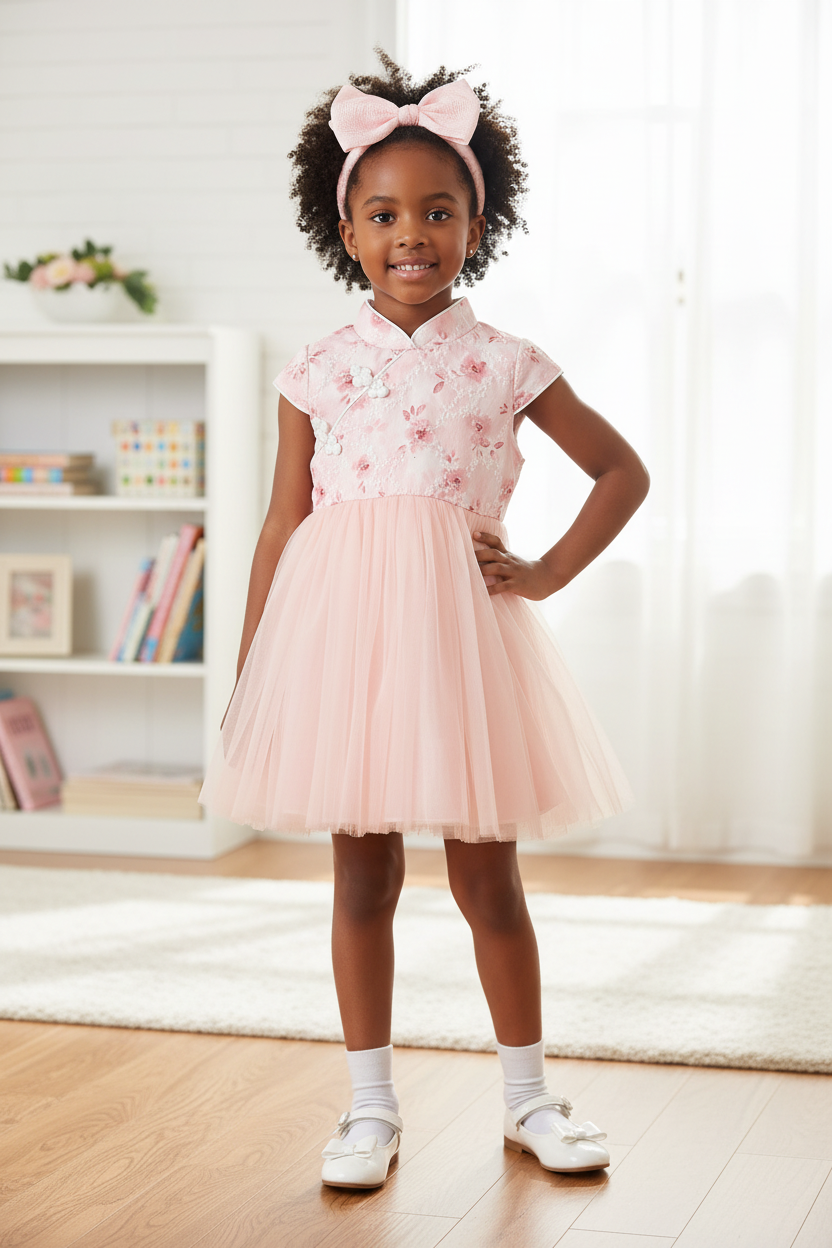 Children's Floral Cap Sleeve Tulle Dress