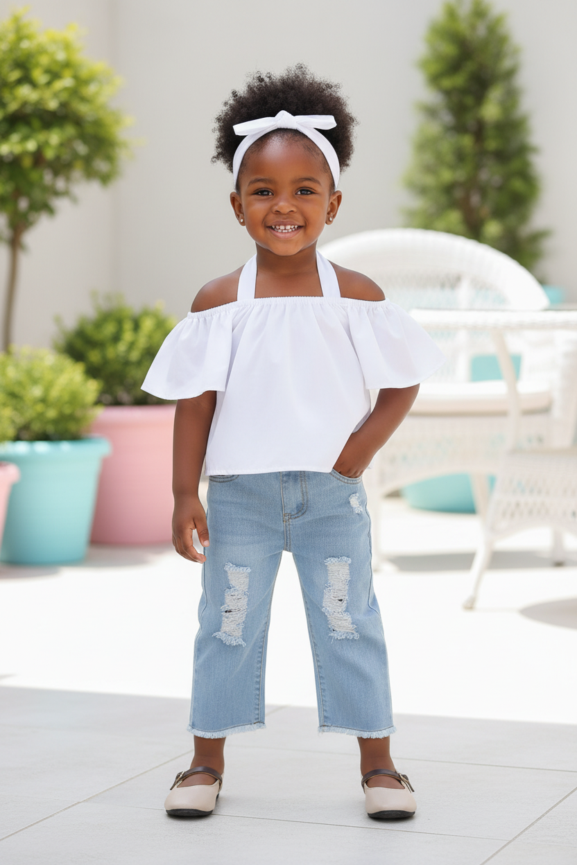 Children's Ruffle Top & Jeans Set with Headband