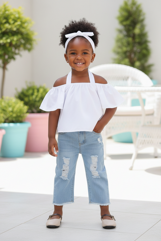 Children's Ruffle Top & Jeans Set with Headband